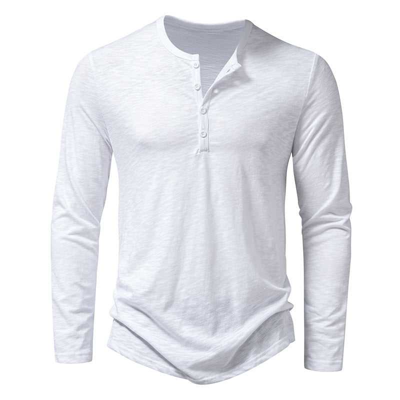 Men’s Casual Long-Sleeve T-Shirt – Solid Color Pullover Button Top