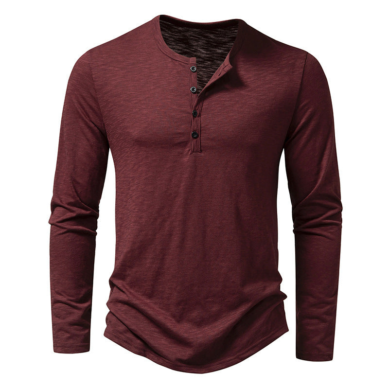Men’s Casual Long-Sleeve T-Shirt – Solid Color Pullover Button Top