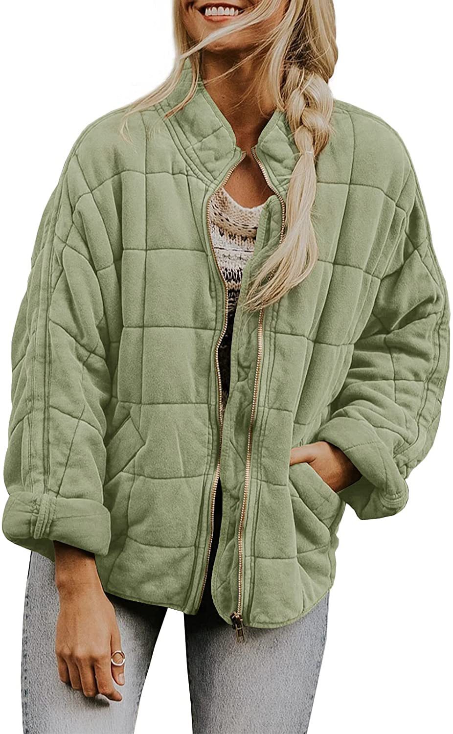 Women’s Winter Plaid Zip-Up Coat – Stand Collar Jacket with Pockets