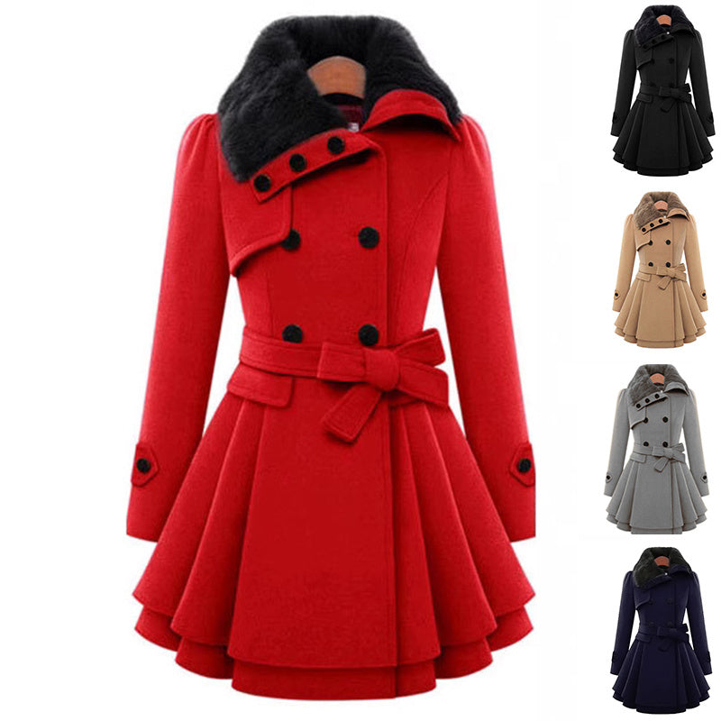 Women’s Woolen Mid-Length Coat – Belted Double-Breasted Winter Jacket
