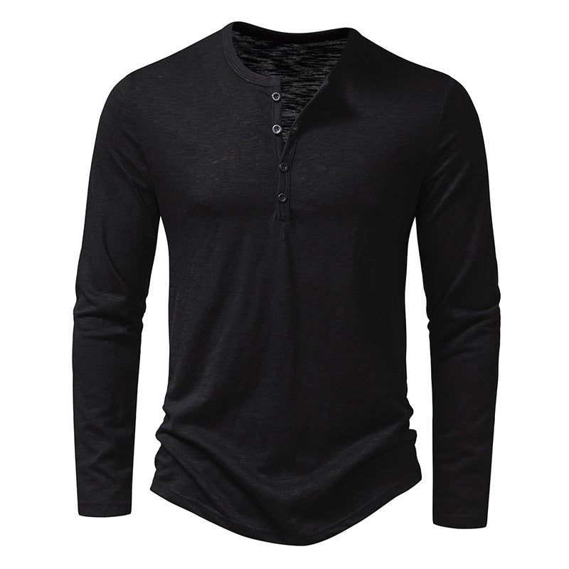 Men’s Casual Long-Sleeve T-Shirt – Solid Color Pullover Button Top