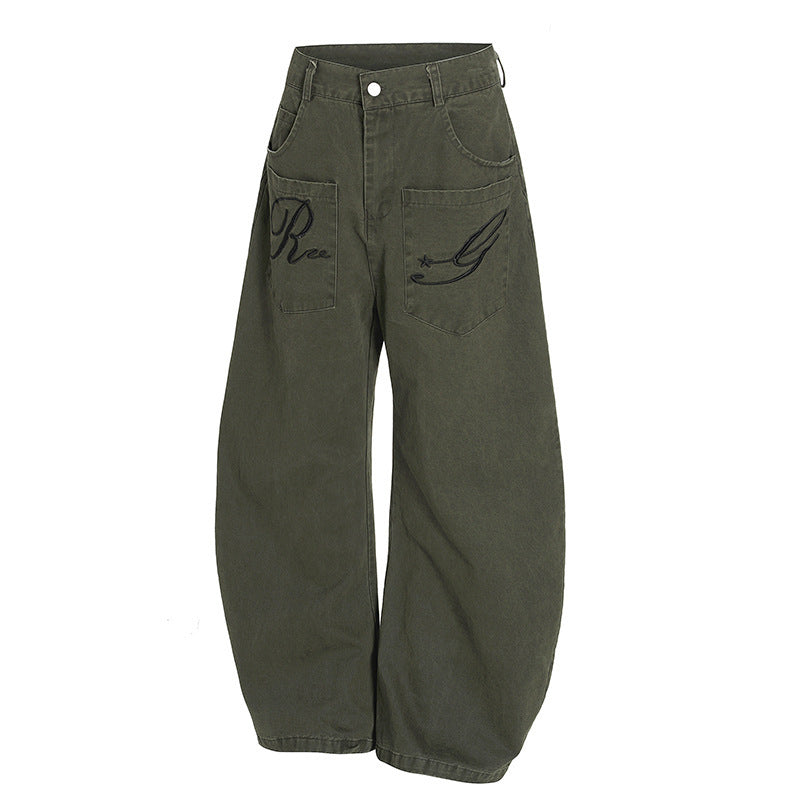 Women’s American Retro Embroidered Cargo Pants – Multi-Pocket.